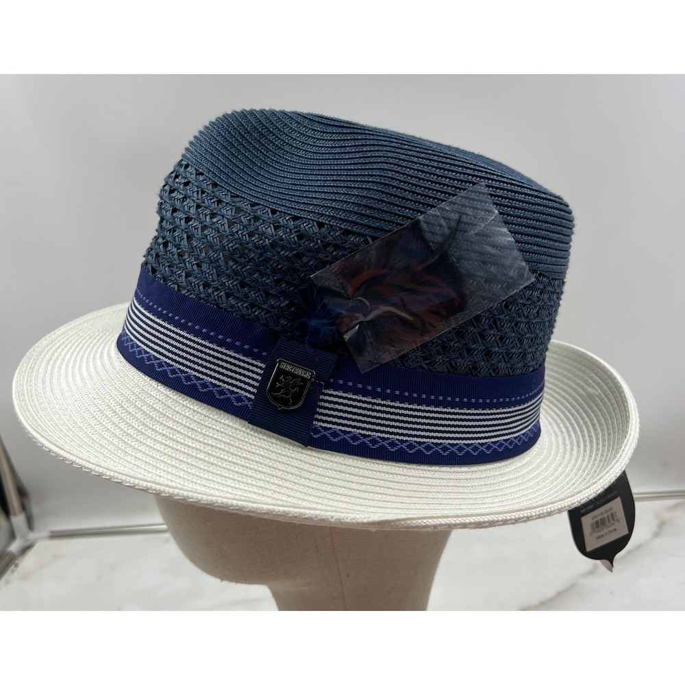 Stacy Adams Fedora Hat Mens Size Large Dusk Blue White Straw Feather Detail NWT